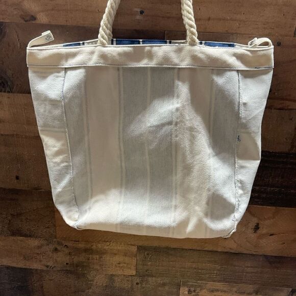 Lancome Tote Bag Canvas Soft Rope Handles Blue White Block Color Snap Closure - Picture 5 of 11